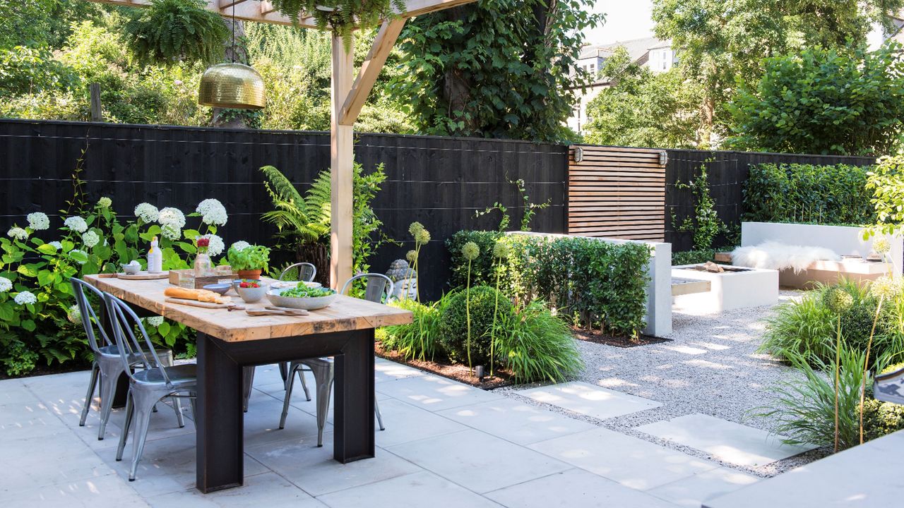 Outdoor dining set on back garden patio paving