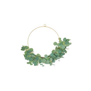 LampLust Eucalyptus Wreath with faux leaves and led lights on the lower half of the brass wreath