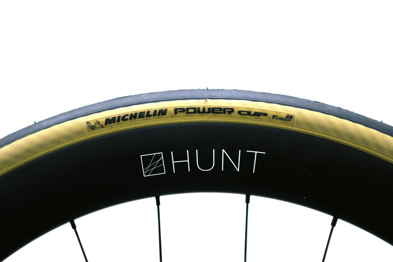 A tan bicycle tyre on a white background