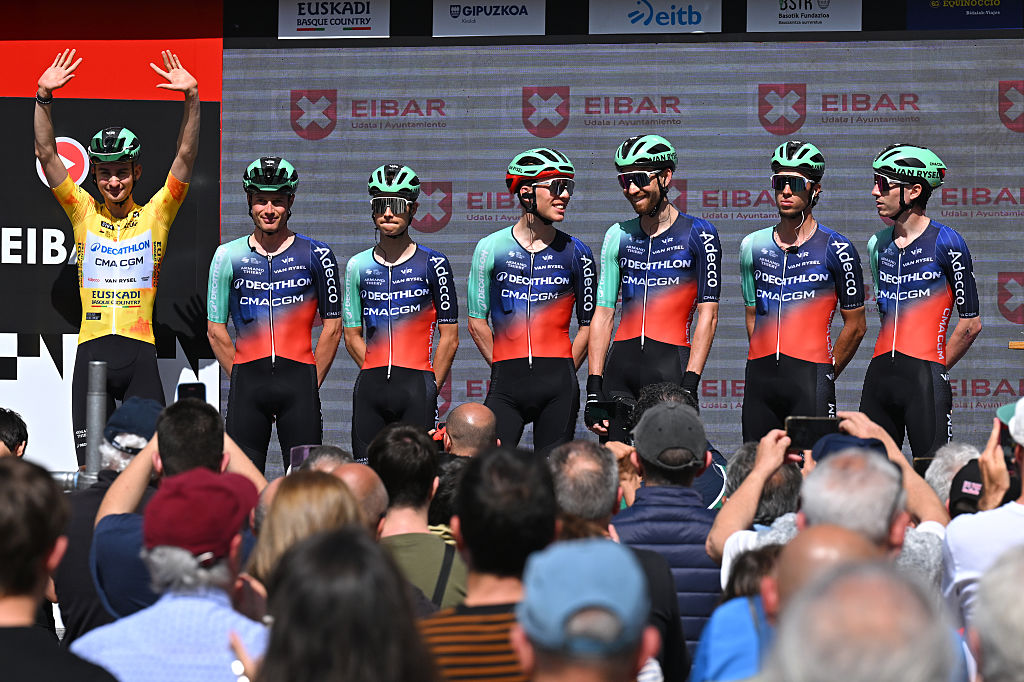 EIBAR, SPAIN - APRIL 10: Paul Seixas of France, Matthew Riccitello of United States, Leo Bisiaux of France, Jordan Labrosse of France, Nicolas Prodhomme of France, Johannes Staune-Mittet of Norway, Aurelien Paret-Peintre of France and Team Decathlon CMA CGM prior to the 65th Itzulia Basque Country 2026, Stage 5 a 176.2km stage from Eibar to Eibar / #UCIWT / on April 10, 2026 in Eibar, Spain. (Photo by Tim de Waele/Getty Images)