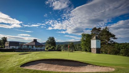 The 16th hole and the Doocot at Banchory Golf Club