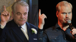 Stills of Phillip Seymour Hoffman from The Master and Jim Gaffigan from Netflix.