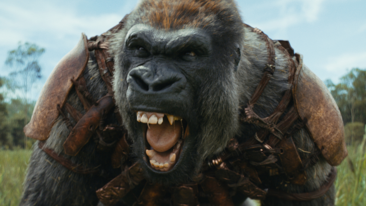Sylva roars in the middle of a clearing in Kingdom of the Planet of the Apes,