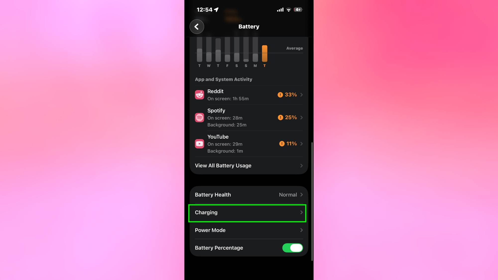 Charging highlighted in iPhone settings 