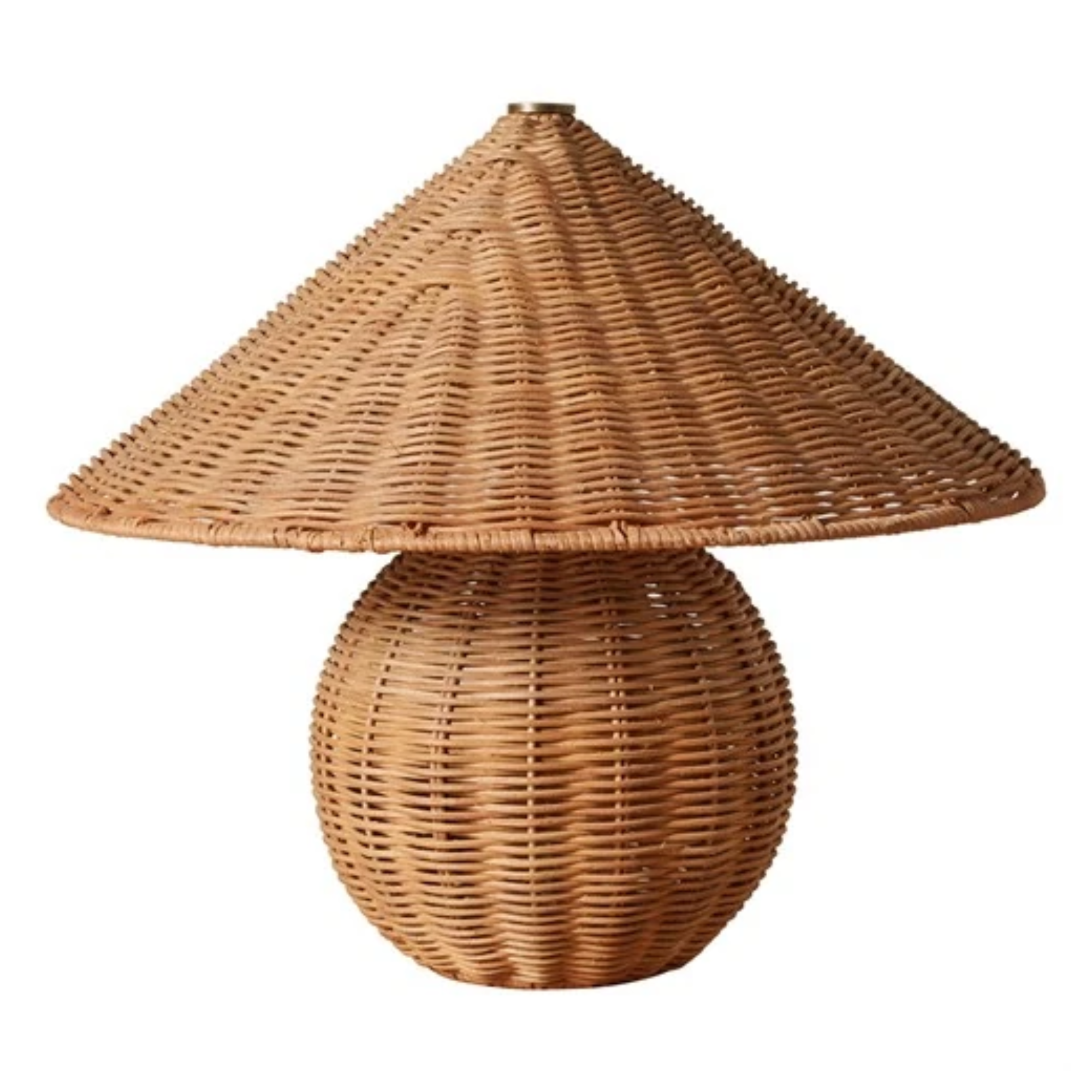 a wicker lamp with a round base and a conical shade