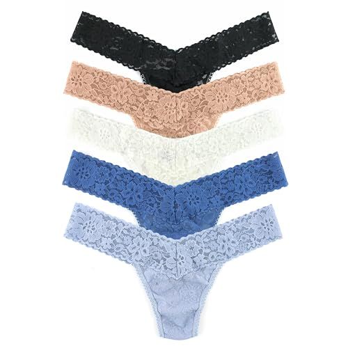 Hanky Panky - Daily Lace Low Rise Thongs for Women | Lacy Panties, Soft Cotton Blend Underwear, Comfortable Lingerie | One Size (2-12) | Black/taupe/marshmallow/stormcloud Blue/grey Mist | 5 Pack