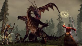 The party take on a large dragon in Dragon Age Origins