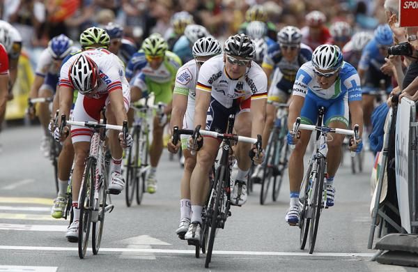 Andre Greipel, riding for Germany, leads home the bunch sprint