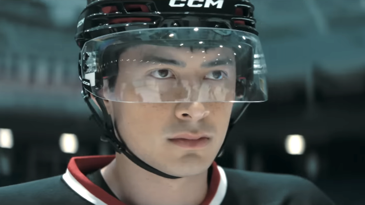 shane in his hockey uniform on heated rivalry