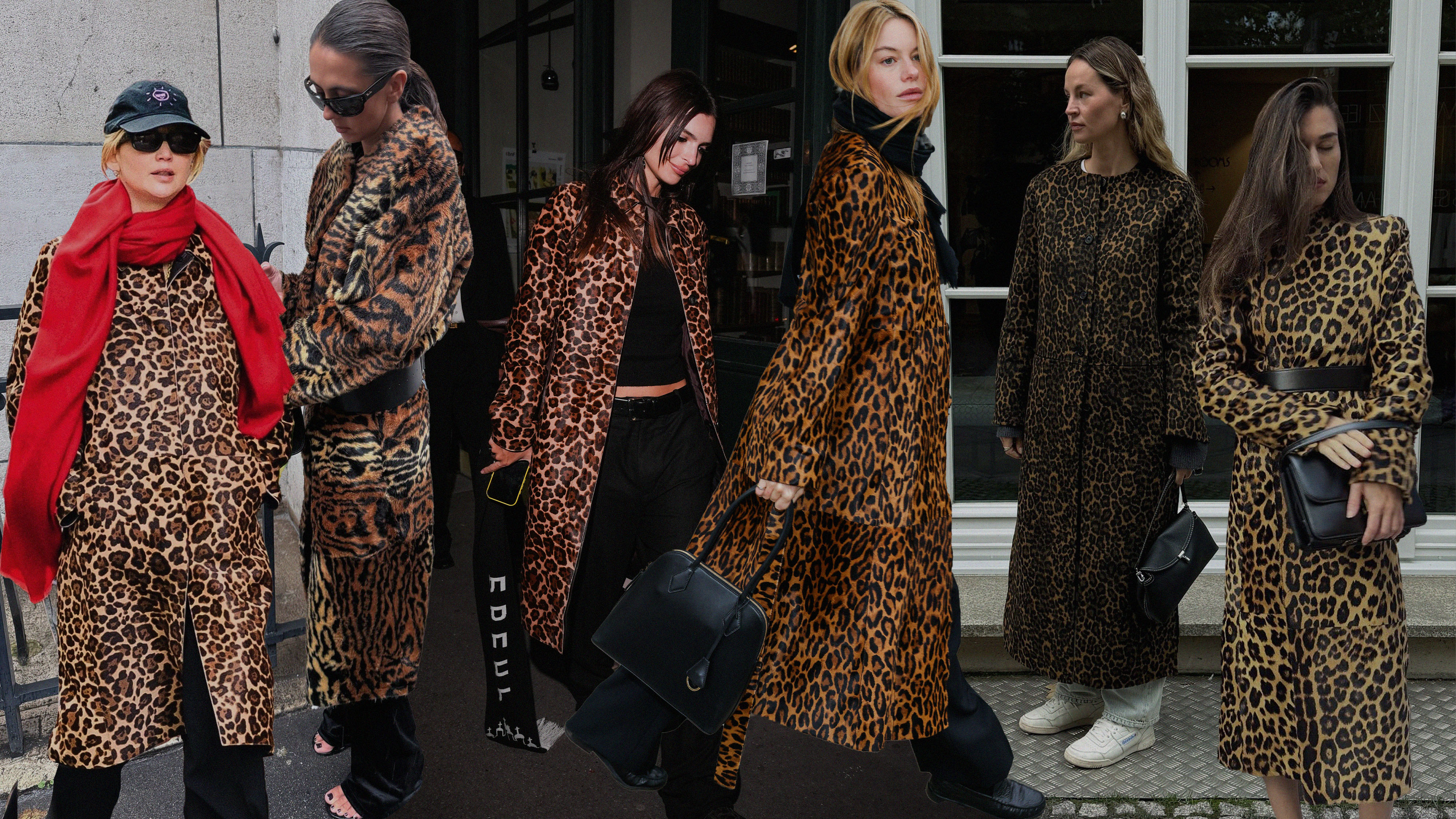 Collage of women wearing leopard coat outfits.