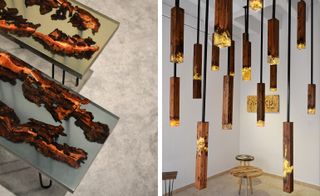Left Image: close up of opague tops stools with wood design, Right: white wall room, wooden floor, wooden stools, wooden log lights suspended from the ceiling