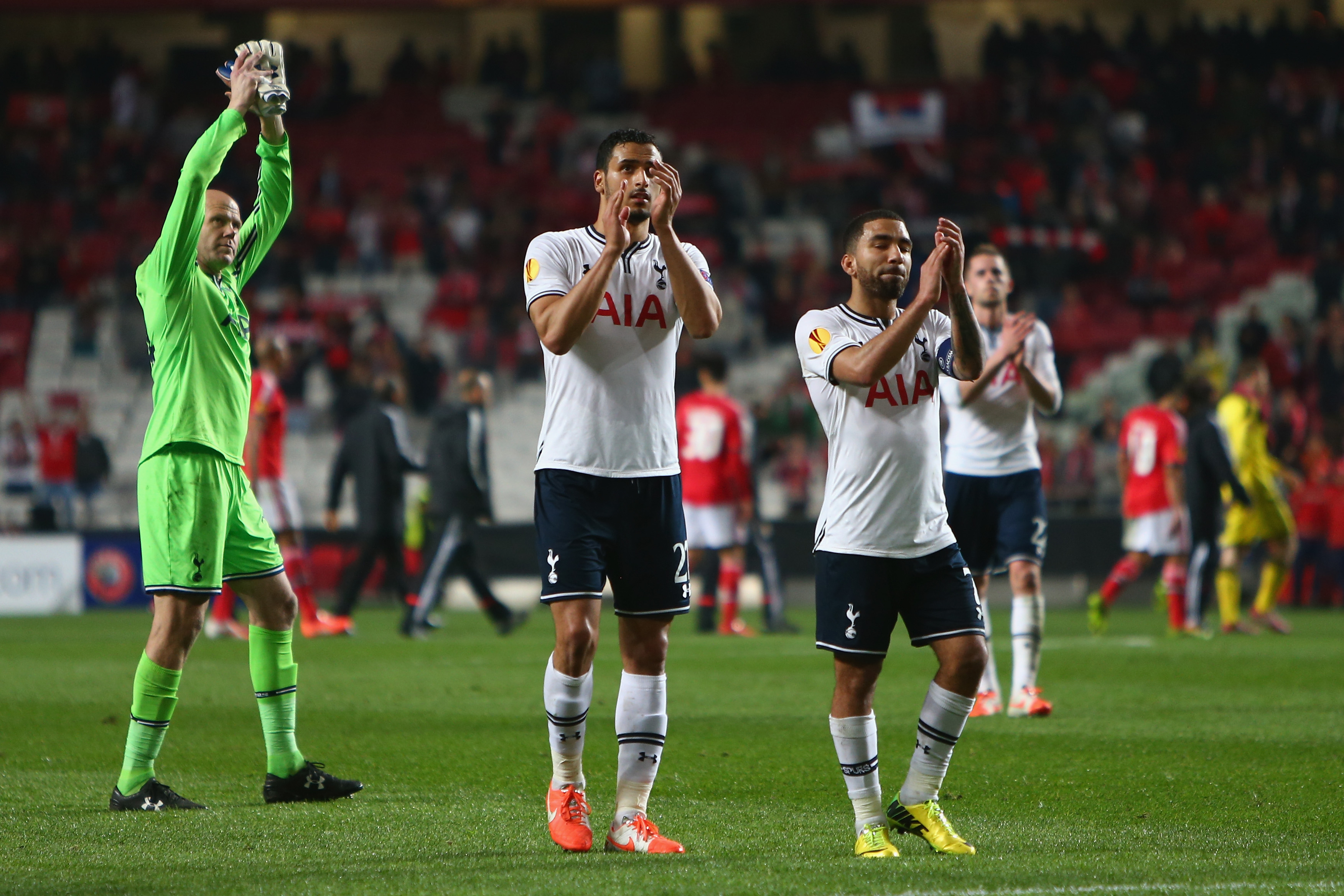 Tottenham players applaud the travelling fans after a 2-2 draw at Benfica and 5-3 aggregate defeat to the Portuguese side in the Europa League in March 2014.
