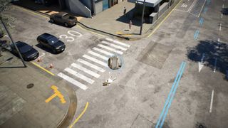 Inzoi playtesting - a character lies on the ground in the street after being hit by a car with a gravestone icon