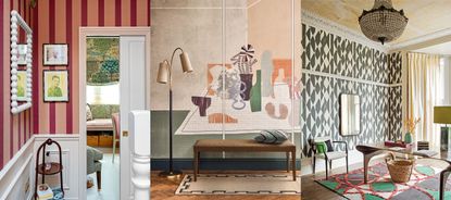 Three examples of wallpaper trends 2023. Pink striped wallpaper, artistic, painted style design in living room, geometric abstract wallpaper in study