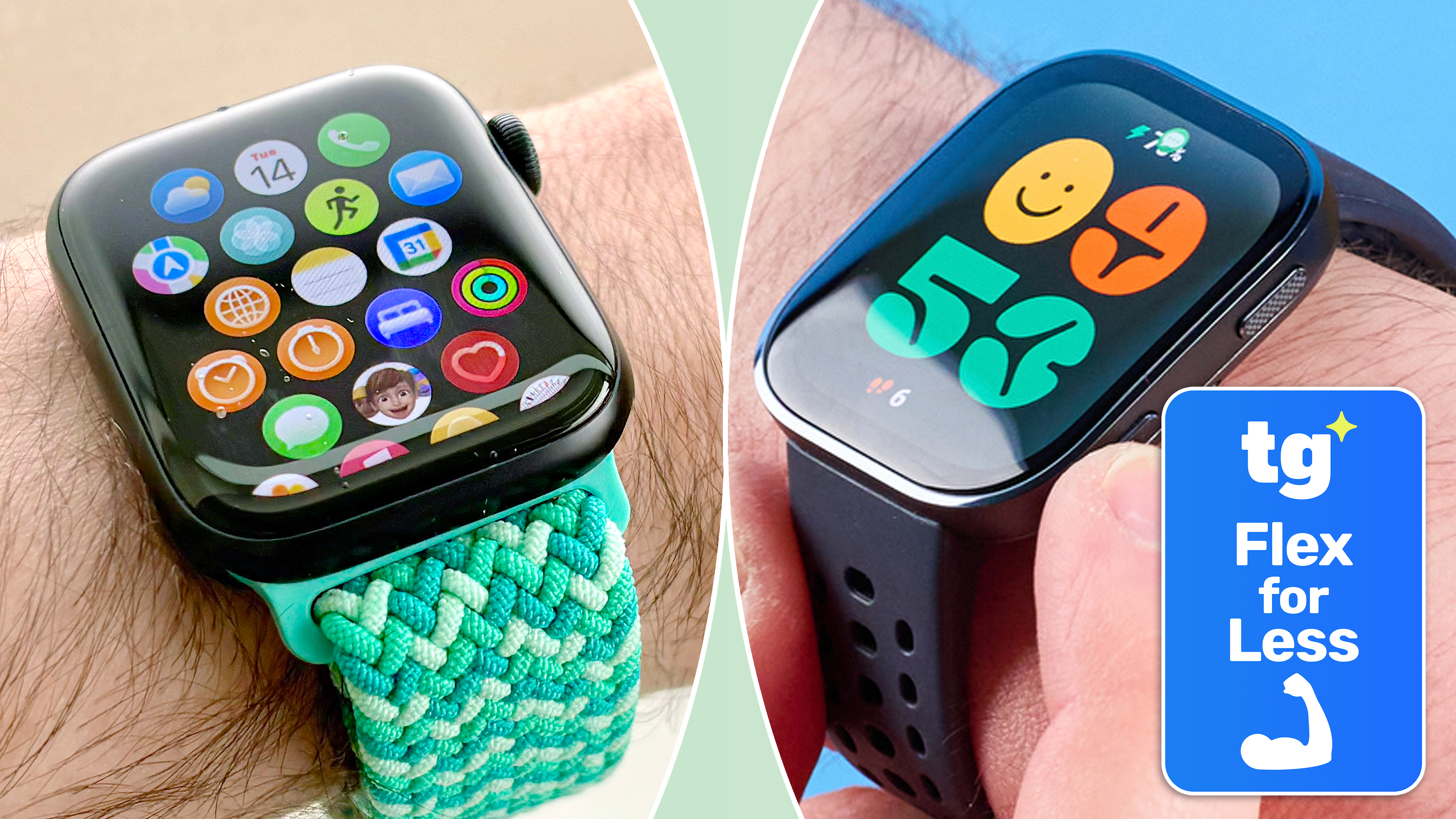Apple Watch SE 3 and Amazfit Bip 6 with the Flex for Less logo