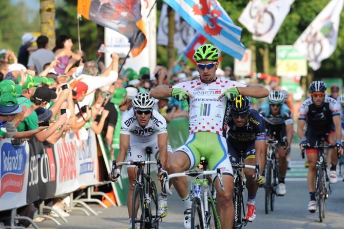 Peter Sagan (Cannondale) thanks his team's sponsor as he wins stage 8 at the Tour de Suisse