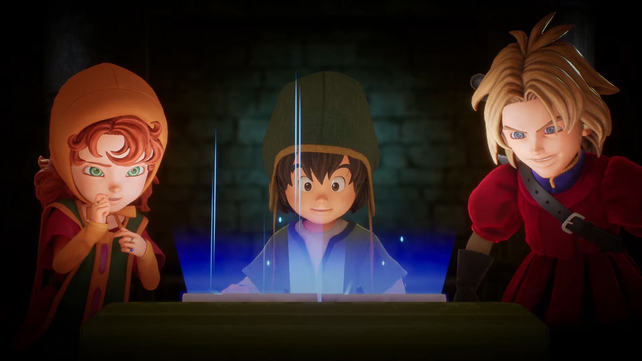 Promotional screenshot of heroes uncovering treasure in Dragon Quest VII Reimagined