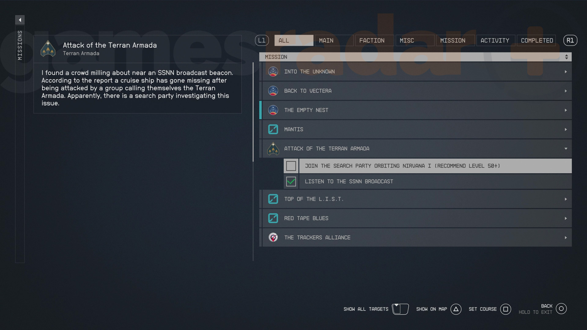 The Starfield Terran Armada Attack of the Terran Armada mission in the log