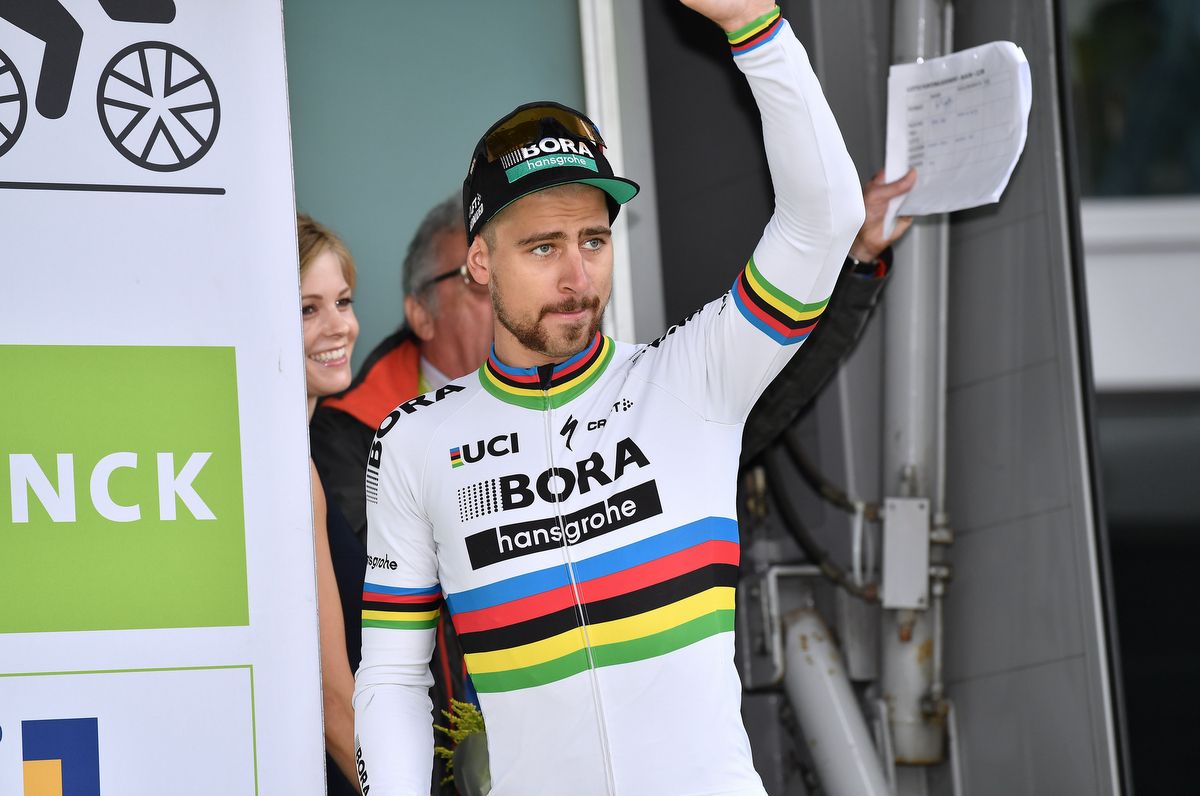 World champion Peter Sagan waving from the podium