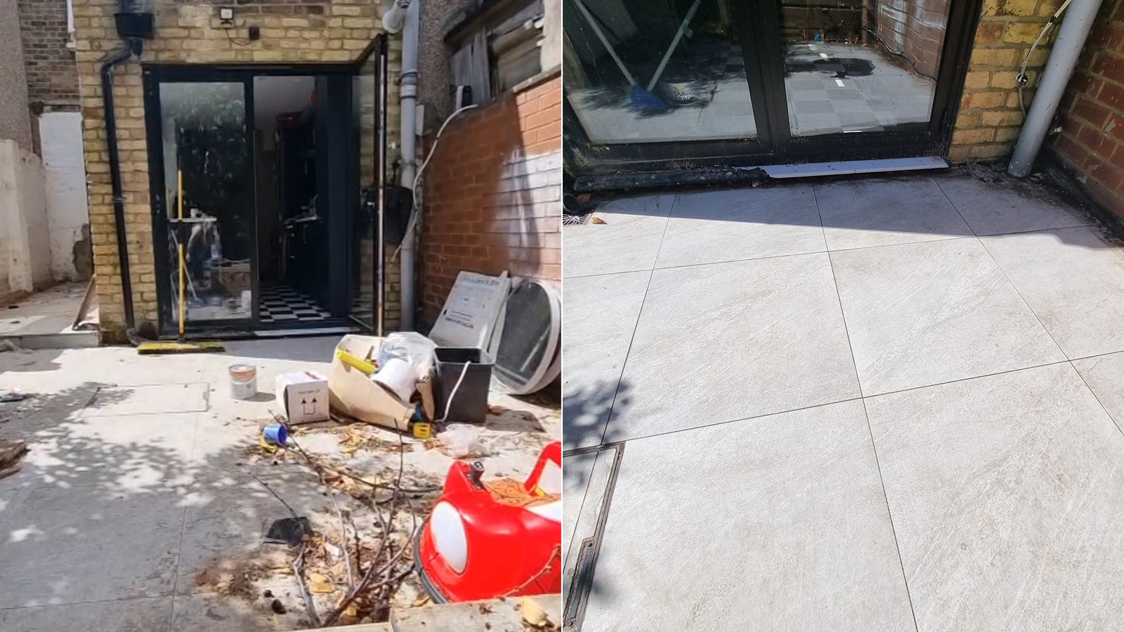 Before and after of a patio clearing, sweeping and cleaning