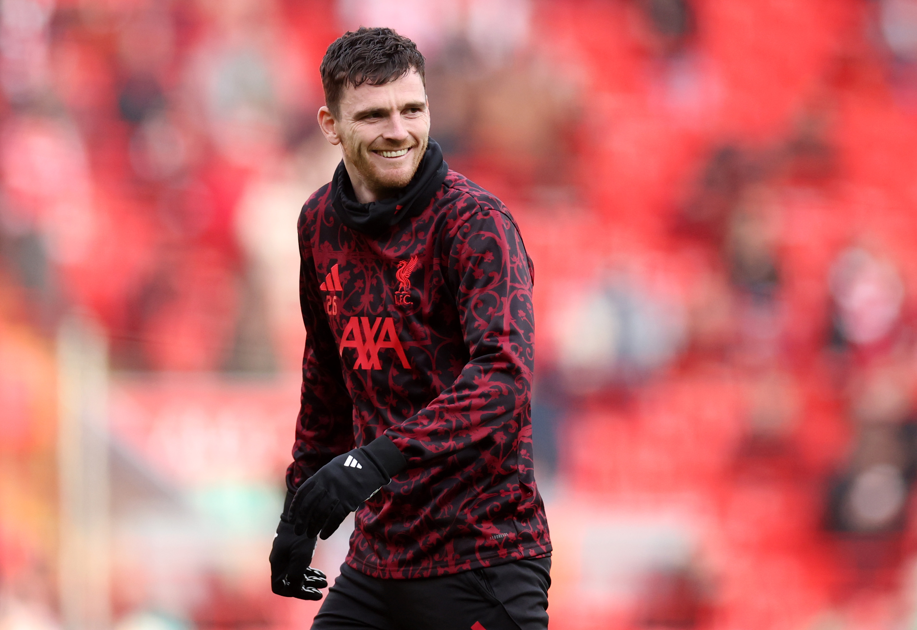 LIVERPOOL, ENGLAND - JANUARY 17: Andrew Robertson of Liverpool warms up prior to the Premier League match between Liverpool and Burnley at Anfield on January 17, 2026 in Liverpool, England. (Photo by Jan Kruger/Getty Images)