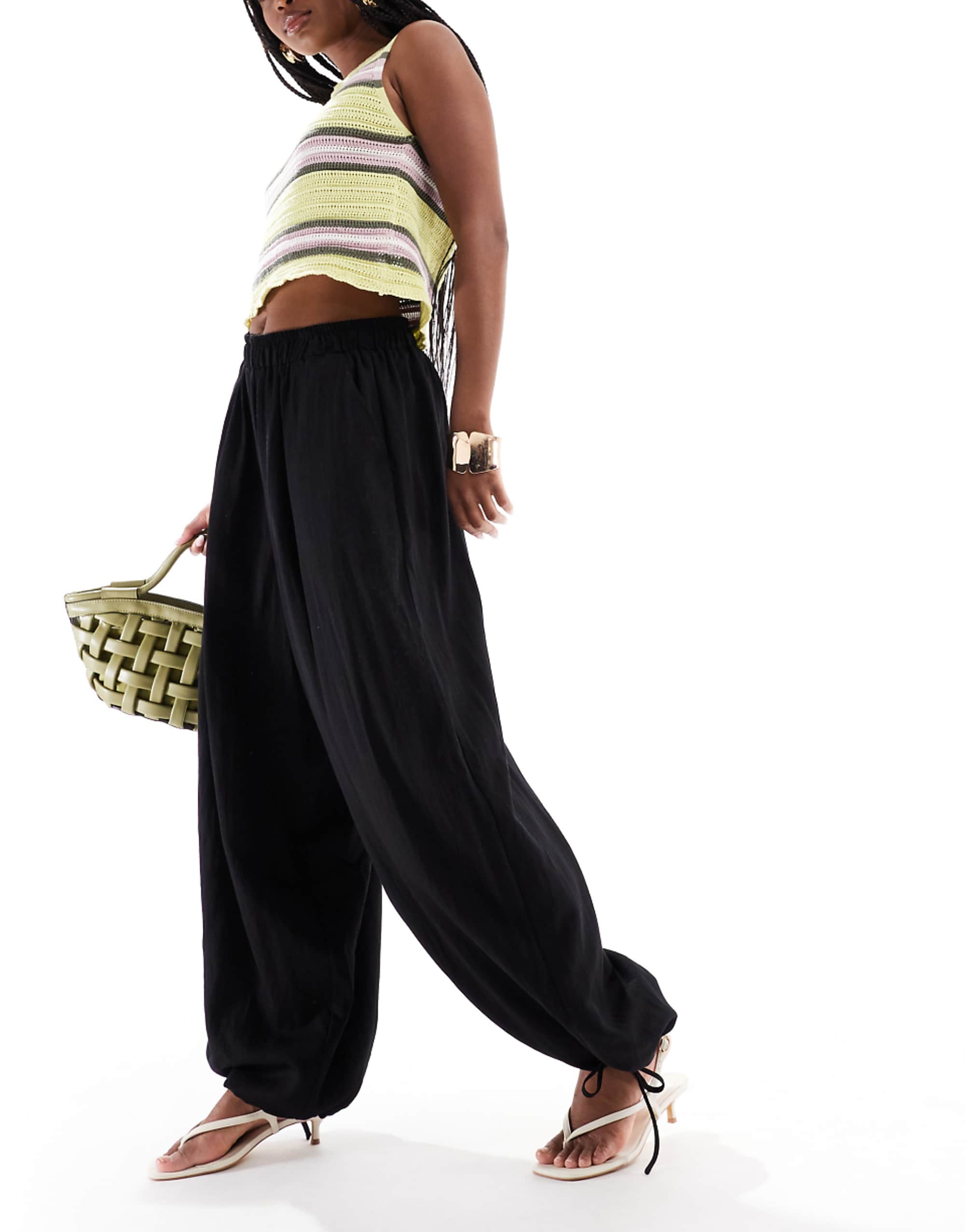 Asos Design Soft Textured Oversized Billow Pants With Tie Hem in Black