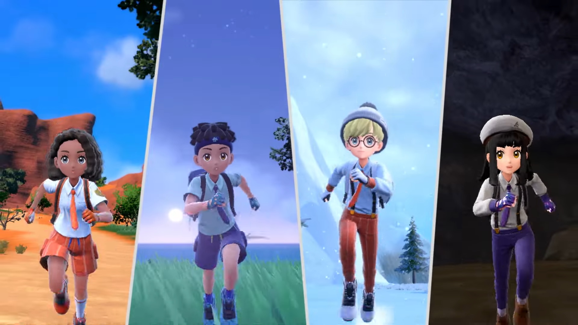 Four trainers running towards the camera, each in a different biome (sunny, grassy, ​​snowy and dark)