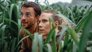 Jonathan Bailey as Dr. Henry Loomis and Scarlett Johansson as Zora Bennett in "Jurassic World Rebirth"