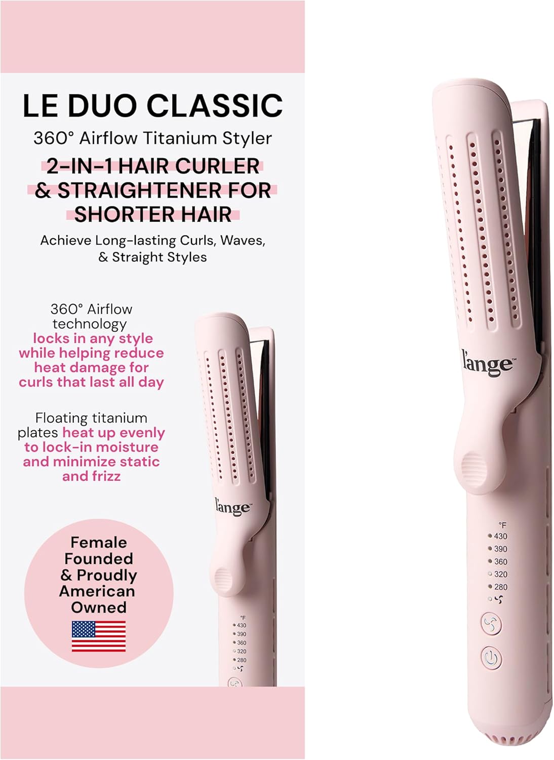 L'ange Hair Le Duo Standard 360° Airflow Styler | 2-In-1 Curling Wand & Titanium Flat Iron Hair Straightener | Professional Hair Curler With Cooling Air Vents | Dual Voltage & Adjustable Temp (blush)