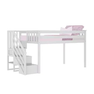 Max & Lily Twin Low Loft Bed With Staircase in White