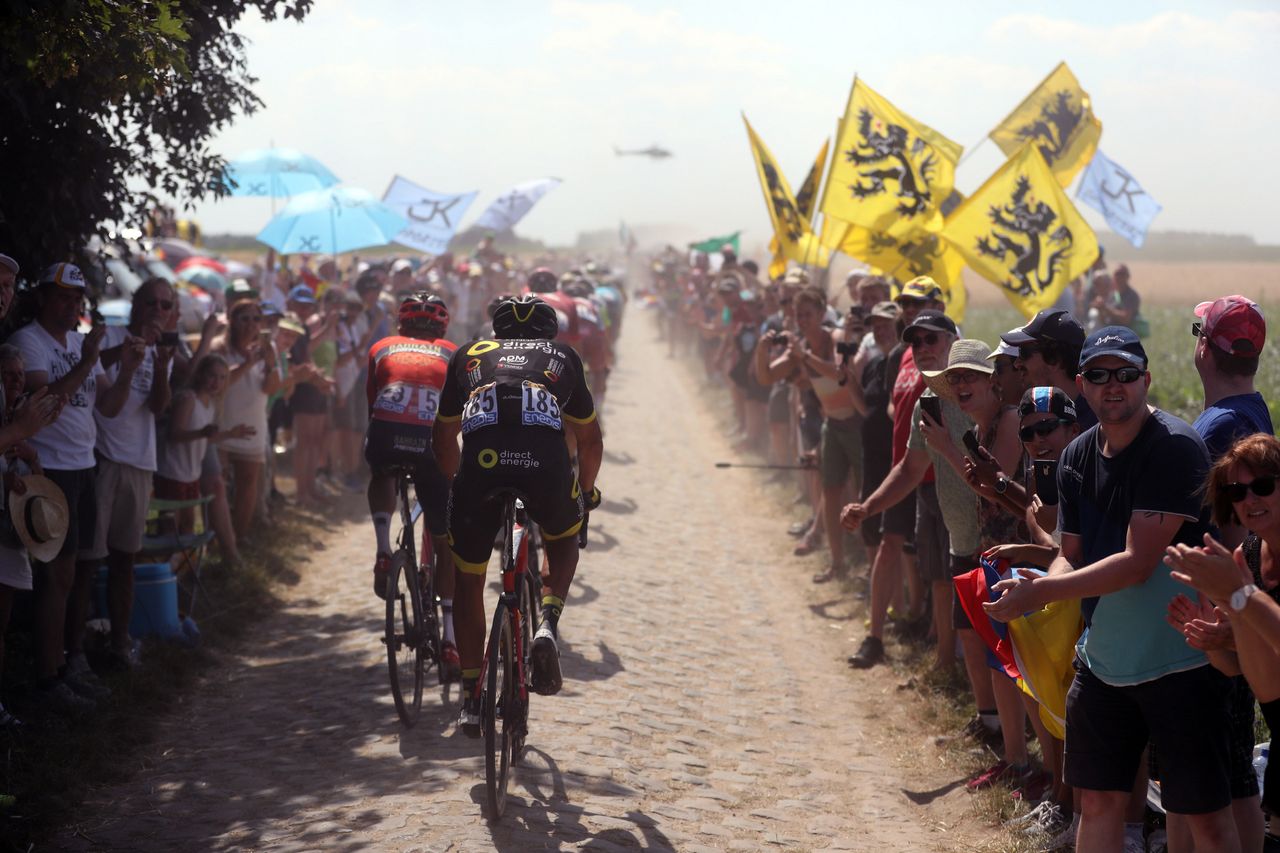 Flanders flags fly over the Tour de France's Roubaix stage