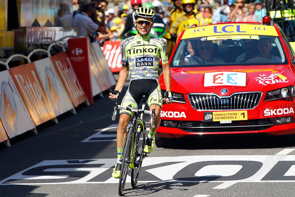 Rafal Majka crosses the finish to win stage 11.