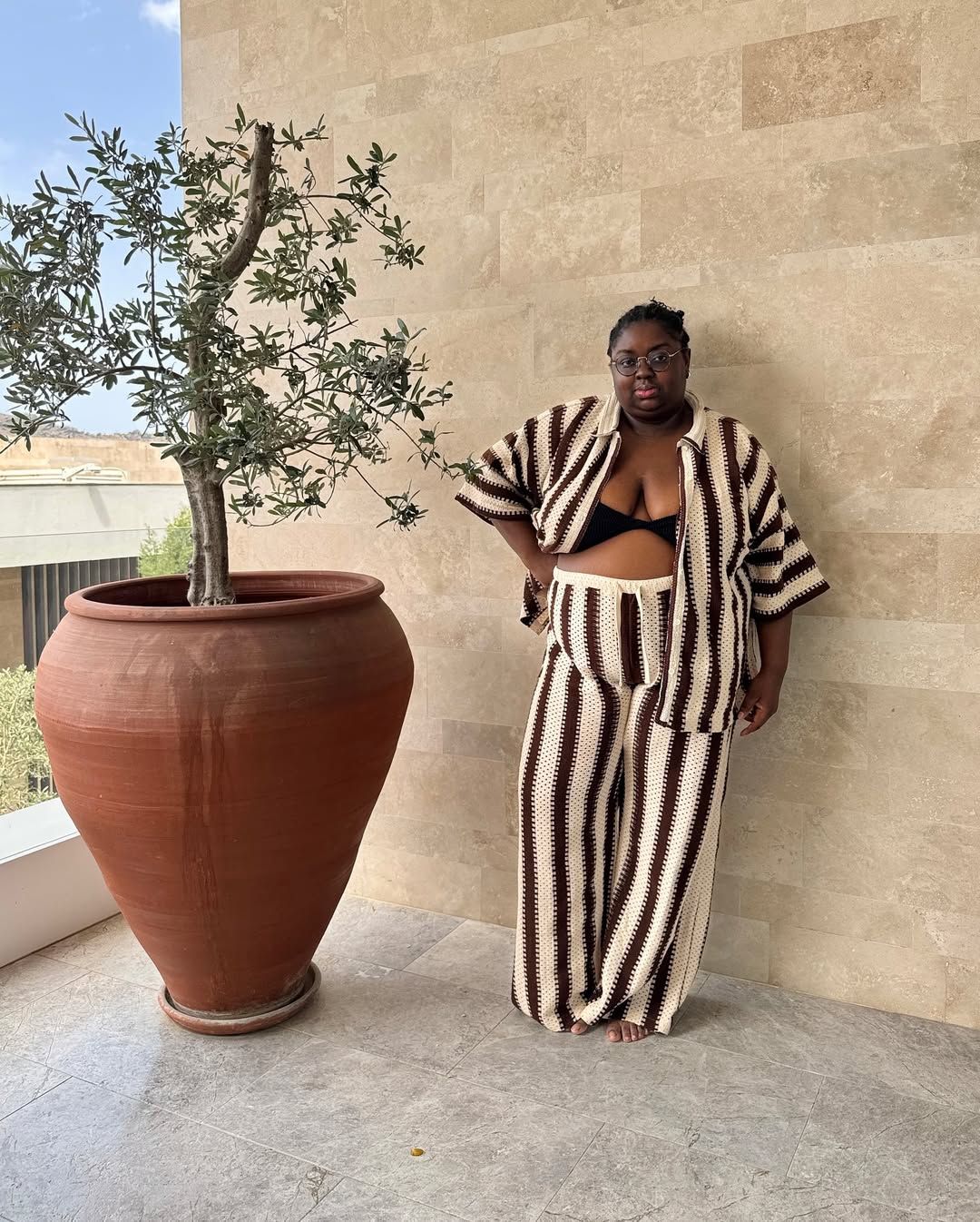 Cream and brown stripe shirt and trouser co-ord, summer print trends @abimarvel