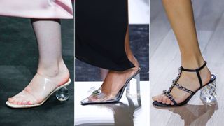 Three models wearing clear shoes to illustrate shoe trends 2024