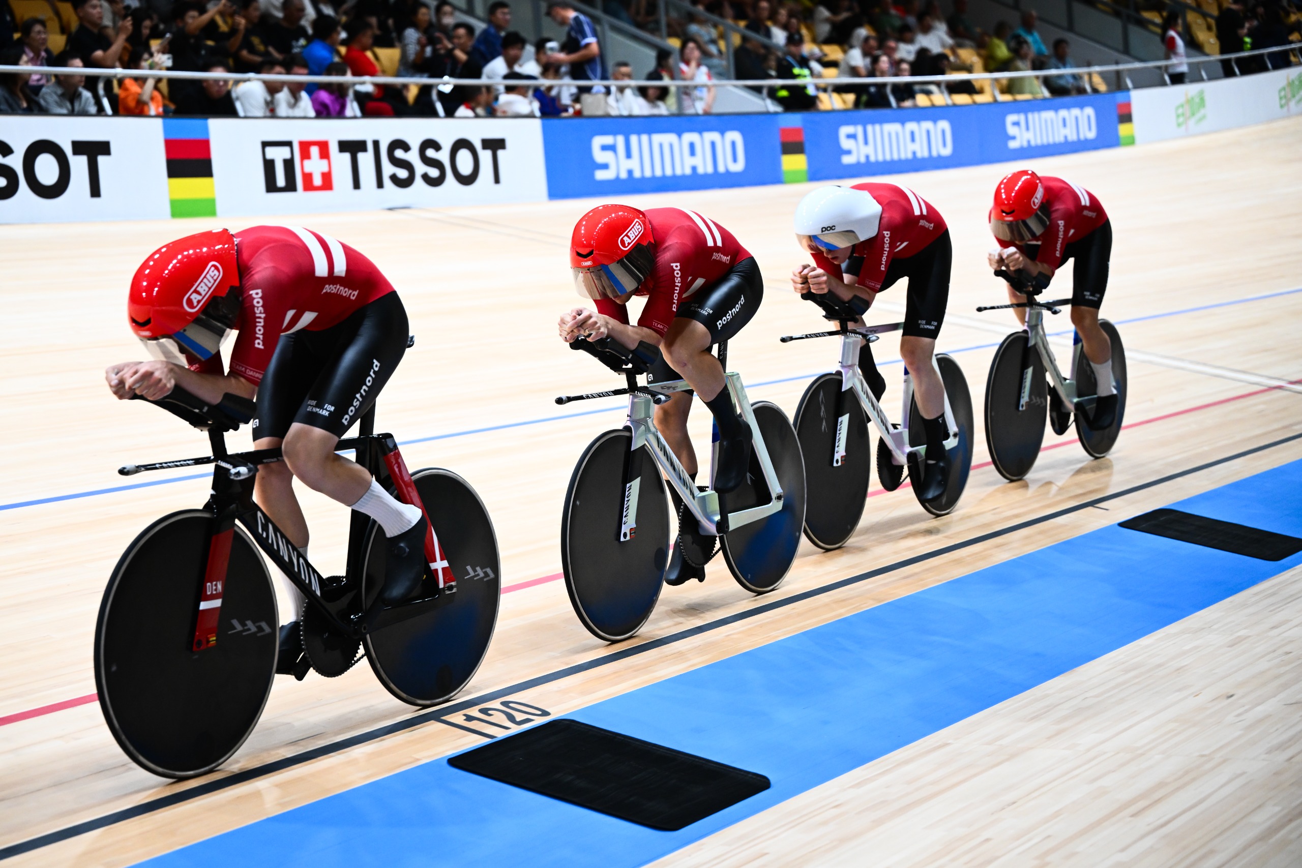 The Danish men's team pursuit competing at the 2025 Track World Championships