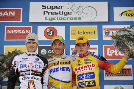 Final under 23 Superprestige series podium: Jim Aernouts (2nd, BKCP-Powerplus), Tom Meeusen (1st, Telenet-Fidea) and Kenneth Van Compernolle (3rd, Sunweb-Revor)