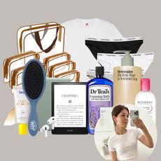 woman in white t-shirt and Amazon products