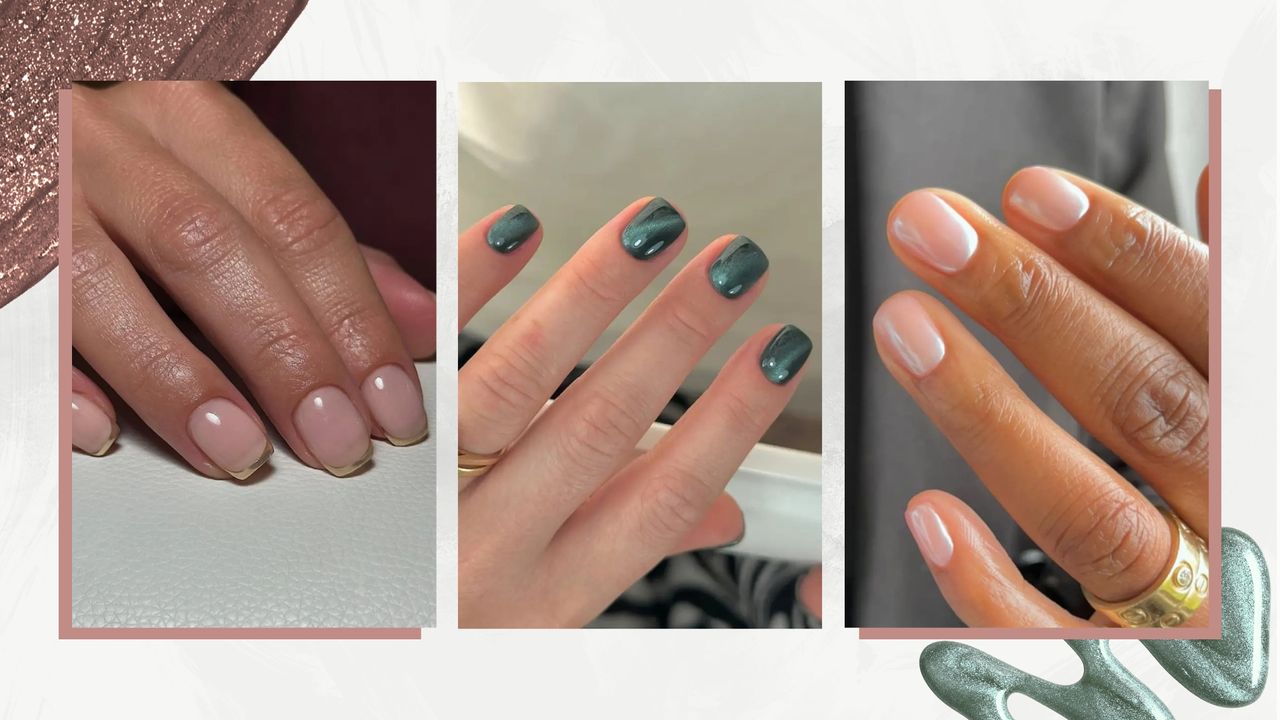 On the left is a close-up of a hand with gold chrome French tip nails, and in the middle is a hand with green cat eye glitter nails, both created by nail artist, Fliss Alton/@gelsbyfliss. And on the right is a close-up of a hand with milky-pink and pearl chrome nails by manicurist, Julia Diogo/@paintedbyjools/ all featured in a grey and white gradient template with a rosy mauve and green glitter nail polish spill