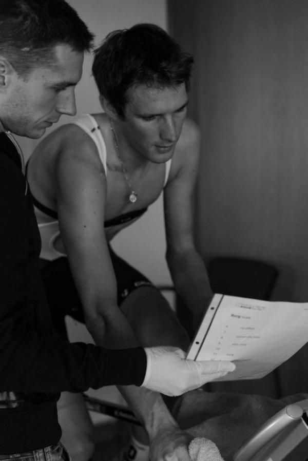 Andy Schleck is shown his data