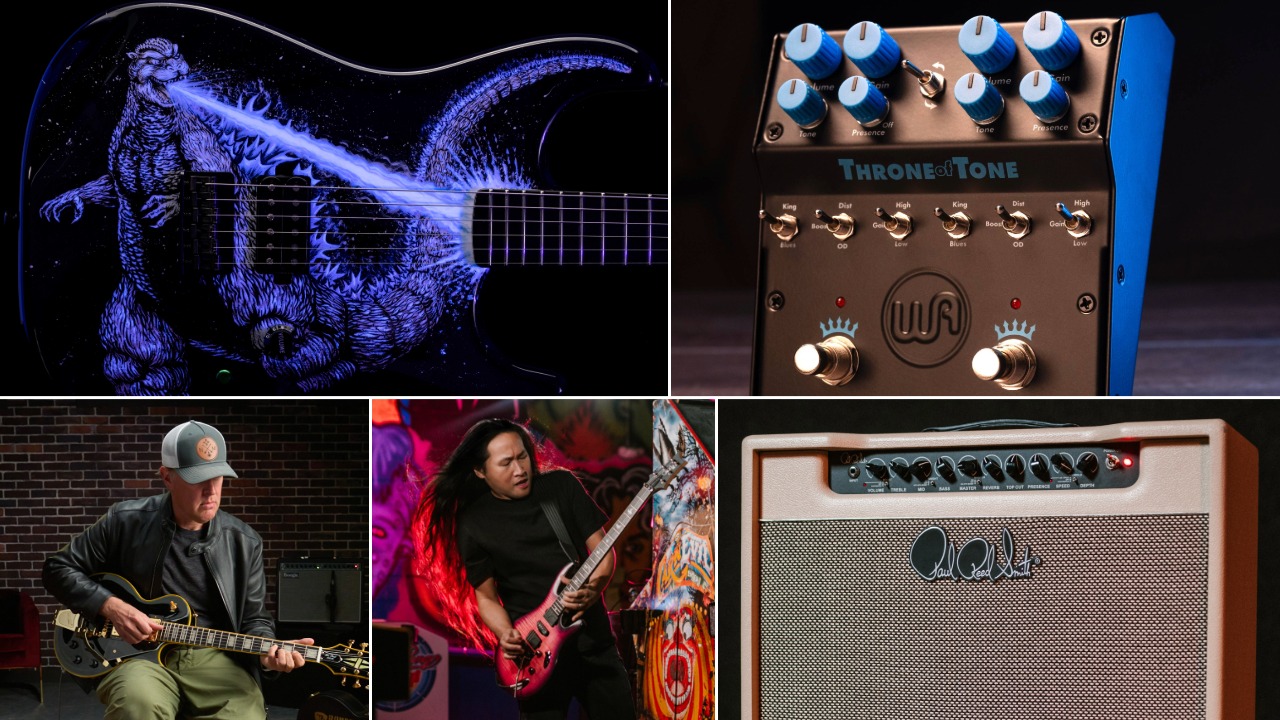 Fender Godzilla Strat, Warm Audio Throne of Tone, Epiphone Joe Bonamassa Black Beauty Les Paul, PRS SE Chleo Herman Li, PRS DGT 15 combo amp