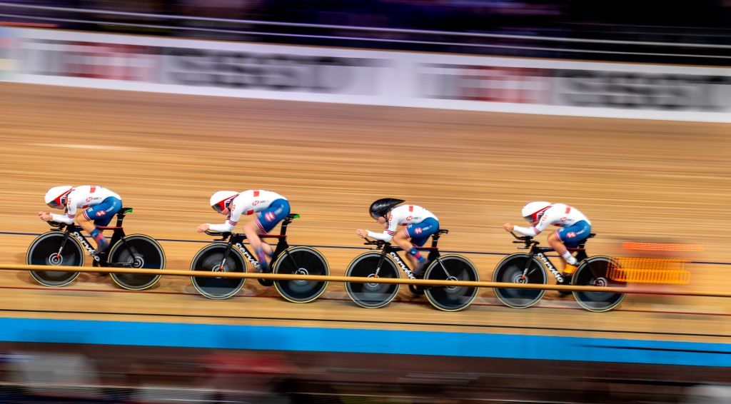 Great Britains team Katie Archibald Elinor Barker Eleanor Dickinson and Neah Evans compete in the Womens Team Pursuit qualifying at the UCI track cycling World Championship in Berlin on February 26 2020 Photo by Odd ANDERSEN AFP Photo by ODD ANDERSENAFP via Getty Images