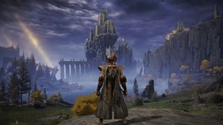 A screenshot from Elden Ring, showing the player character looking out over a wide, fantasy vista