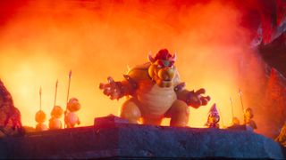 Bowser (Jack Black) flanked by his minions in The Super Mario Bros. Movie
