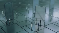 Miniature people around an iPhone