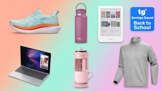 Collage of tech and apparel items against pastel backdrop