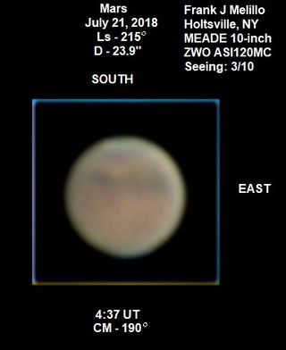 A view of Mars on July 21, 2018 illustrates how skywatchers won't be able to discern many distinct features during this opposition due to the planet-wide dust storm.
