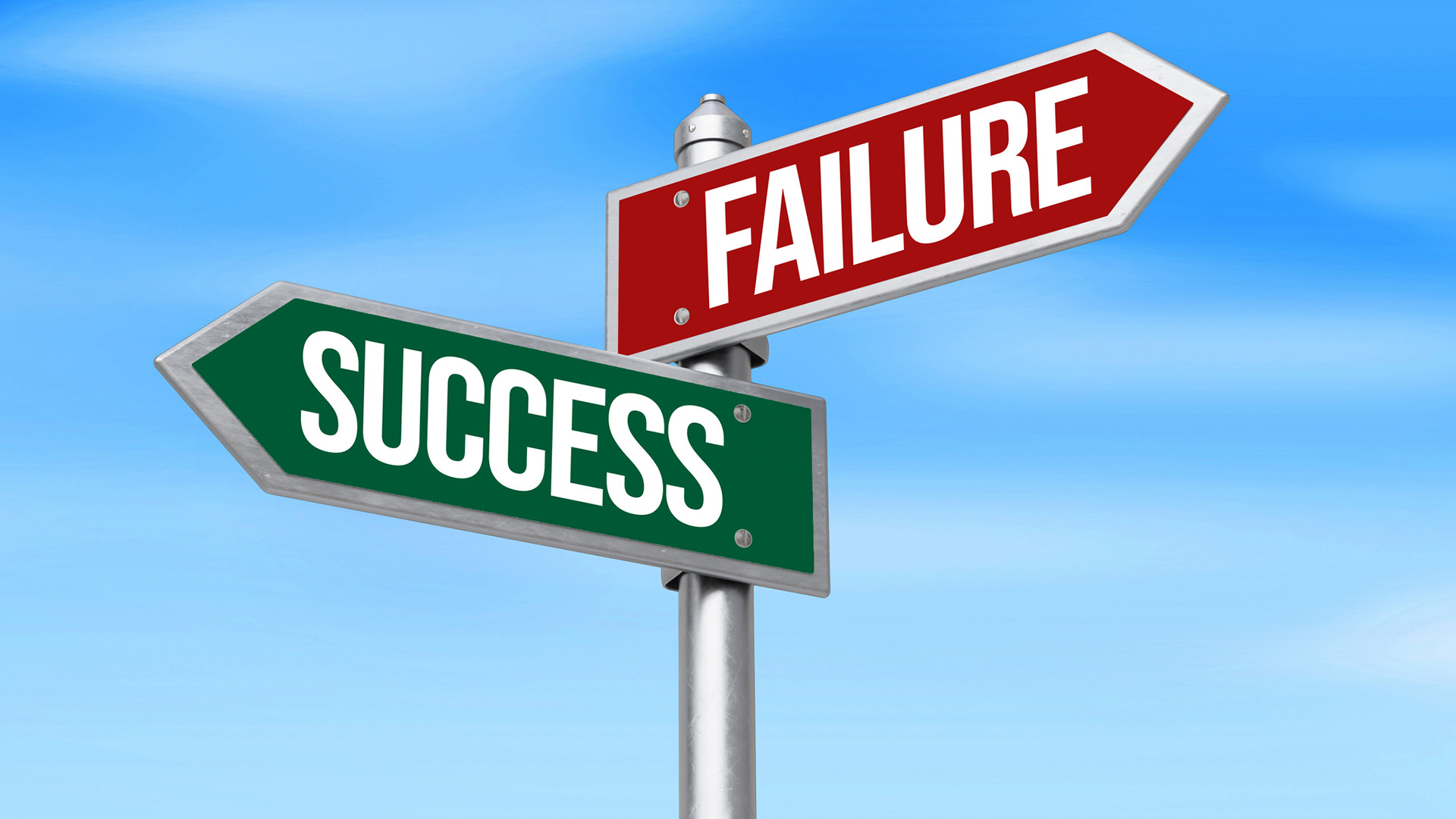 An illustration of two street signs: one in green reading "SUCCESS" pointing left, the other in red reading "FAILURE" pointed right, against a blue sky.