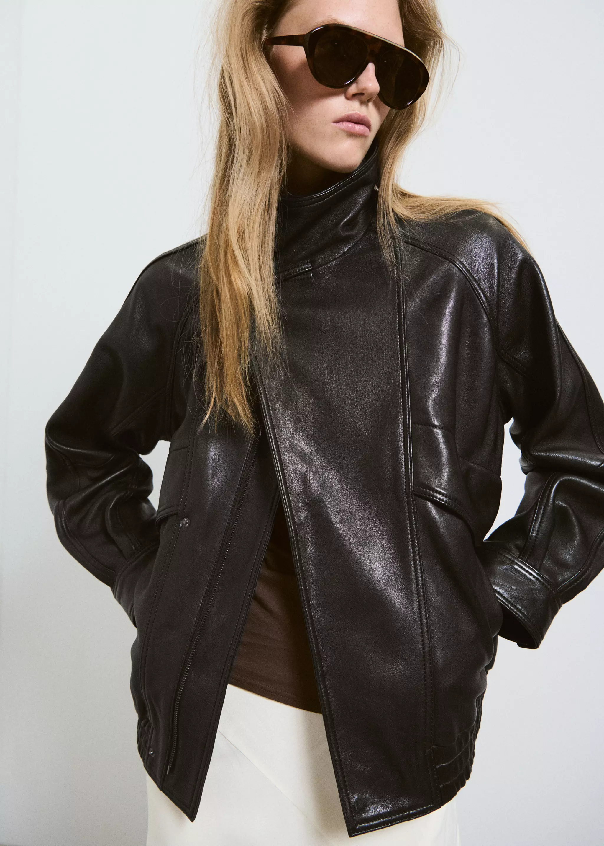 Oversized Leather Jacket With Pockets - Women | Mango United Kingdom