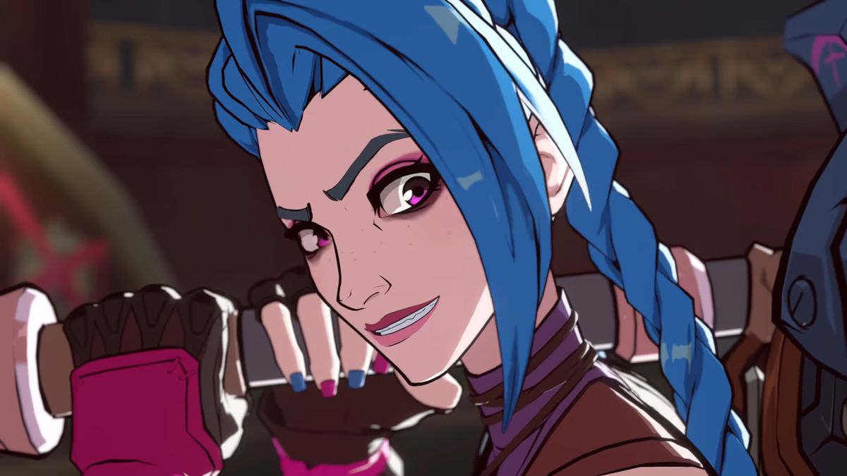 jinx in 2xko weilding a big hammer with a smirk on her face