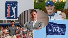 Brian Rolapp, Bryson DeChambeau, Luke Clanton and PGA Tour and DP World Tour flags